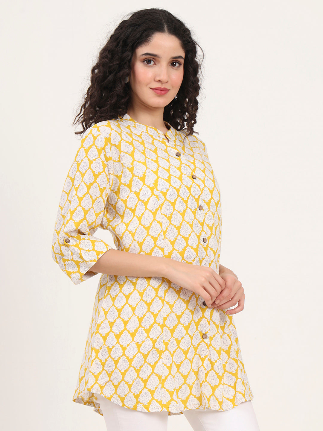 Noe Velarro Yellow Floral Printed Rayon Top