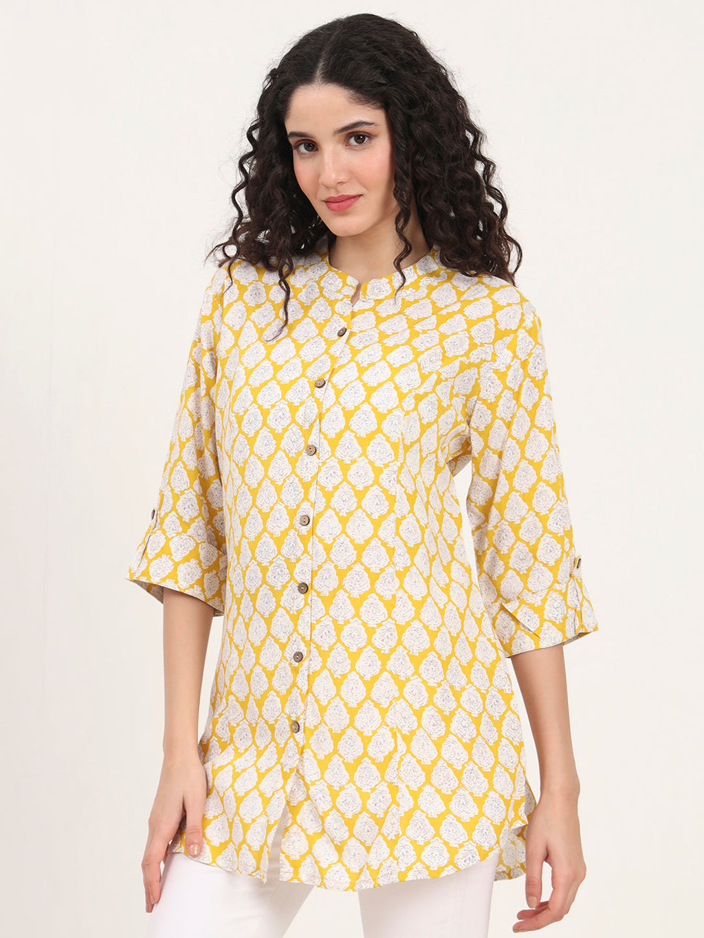 Noe Velarro Yellow Floral Printed Rayon Top