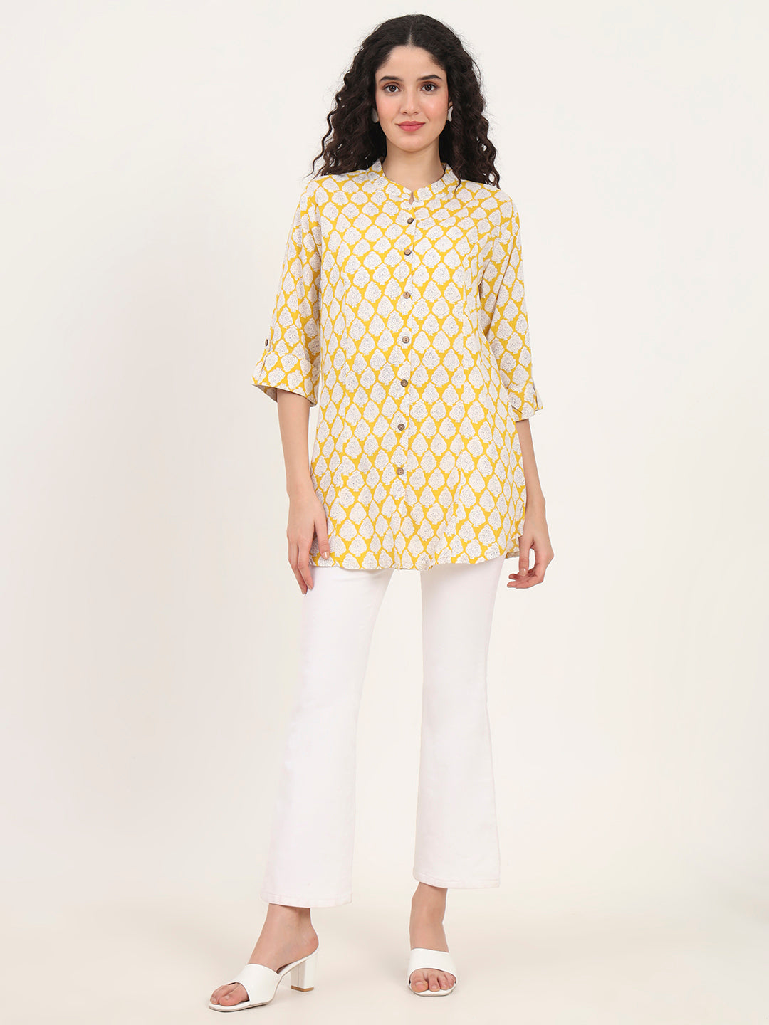 Noe Velarro Yellow Floral Printed Rayon Top