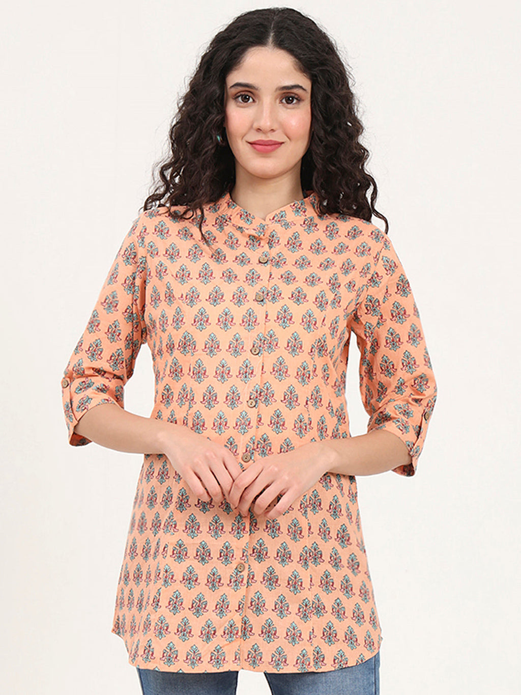 Noe Velarro Light Orange Floral Printed Cotton Top