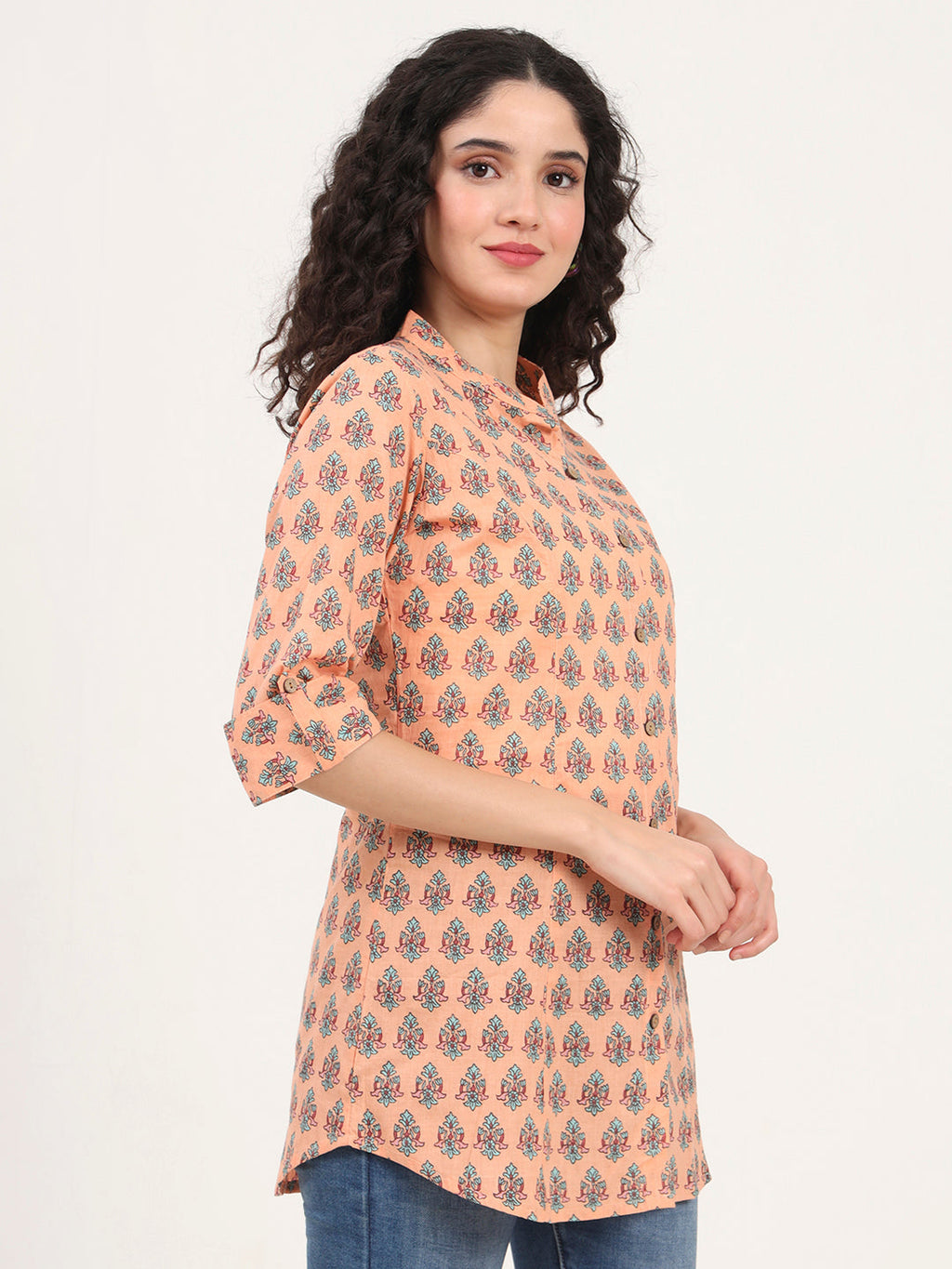 Noe Velarro Light Orange Floral Printed Cotton Top