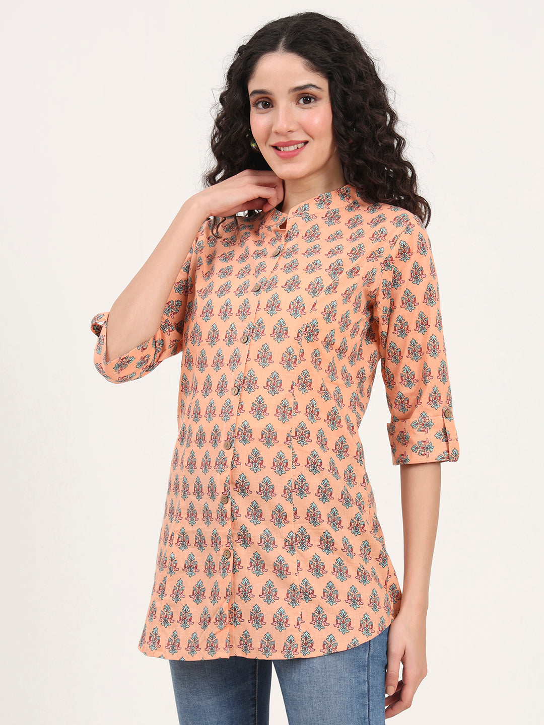 Noe Velarro Light Orange Floral Printed Cotton Top