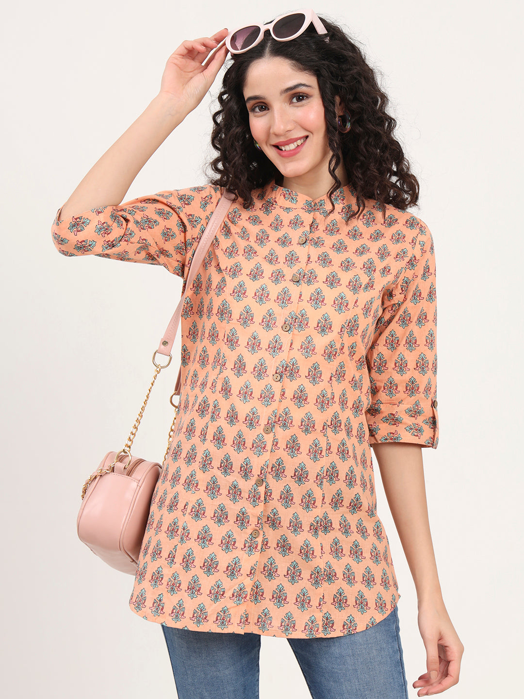 Noe Velarro Light Orange Floral Printed Cotton Top