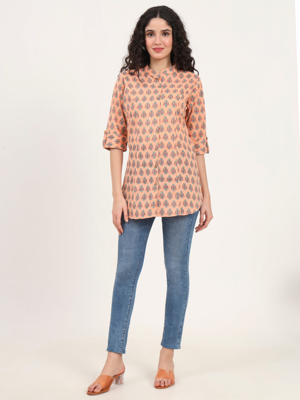 Noe Velarro Light Orange Floral Printed Cotton Top
