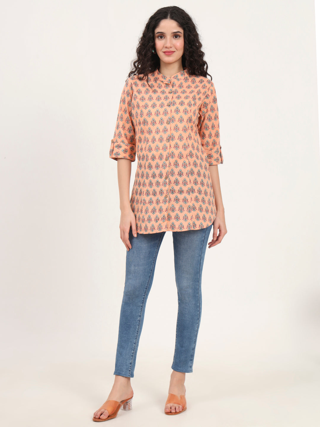 Noe Velarro Light Orange Floral Printed Cotton Top