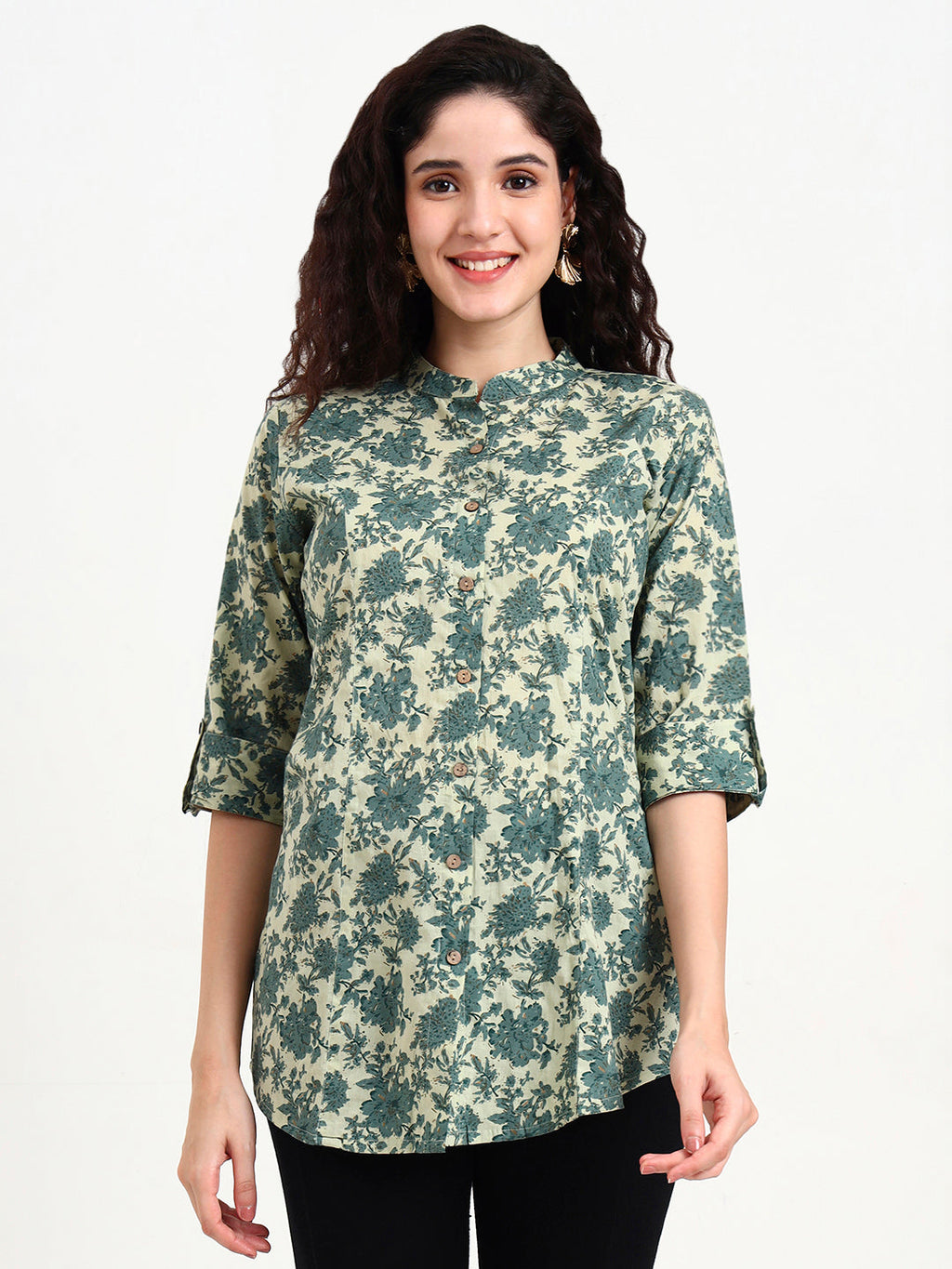 Noe Velarro Green Floral Print Cotton Top