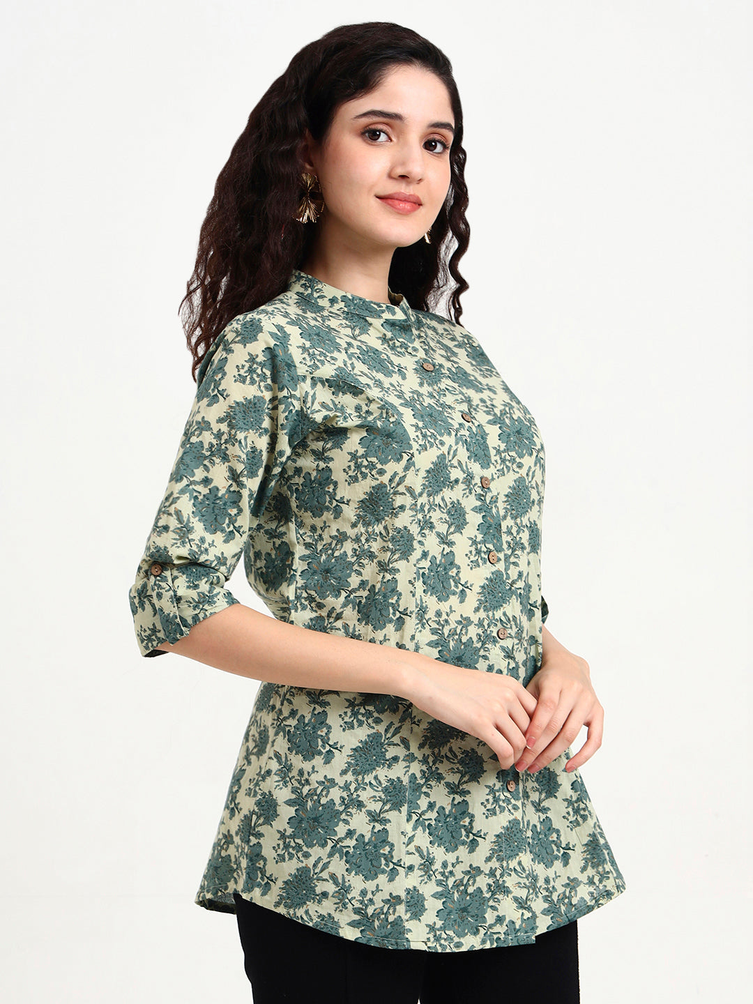 Noe Velarro Green Floral Print Cotton Top