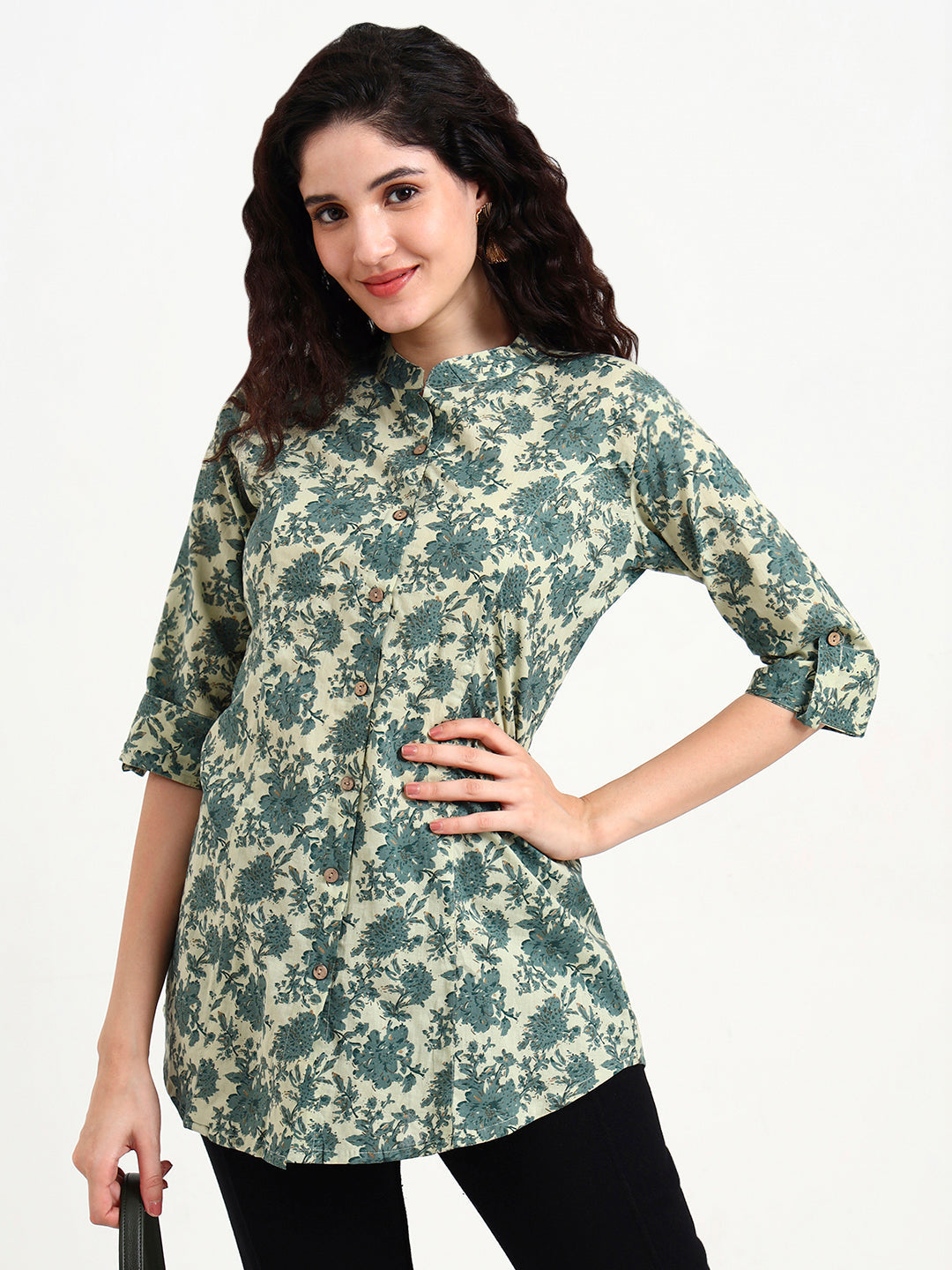 Noe Velarro Green Floral Print Cotton Top