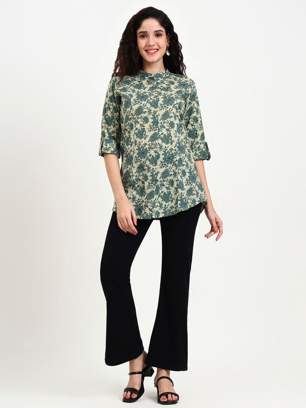 Noe Velarro Green Floral Print Cotton Top
