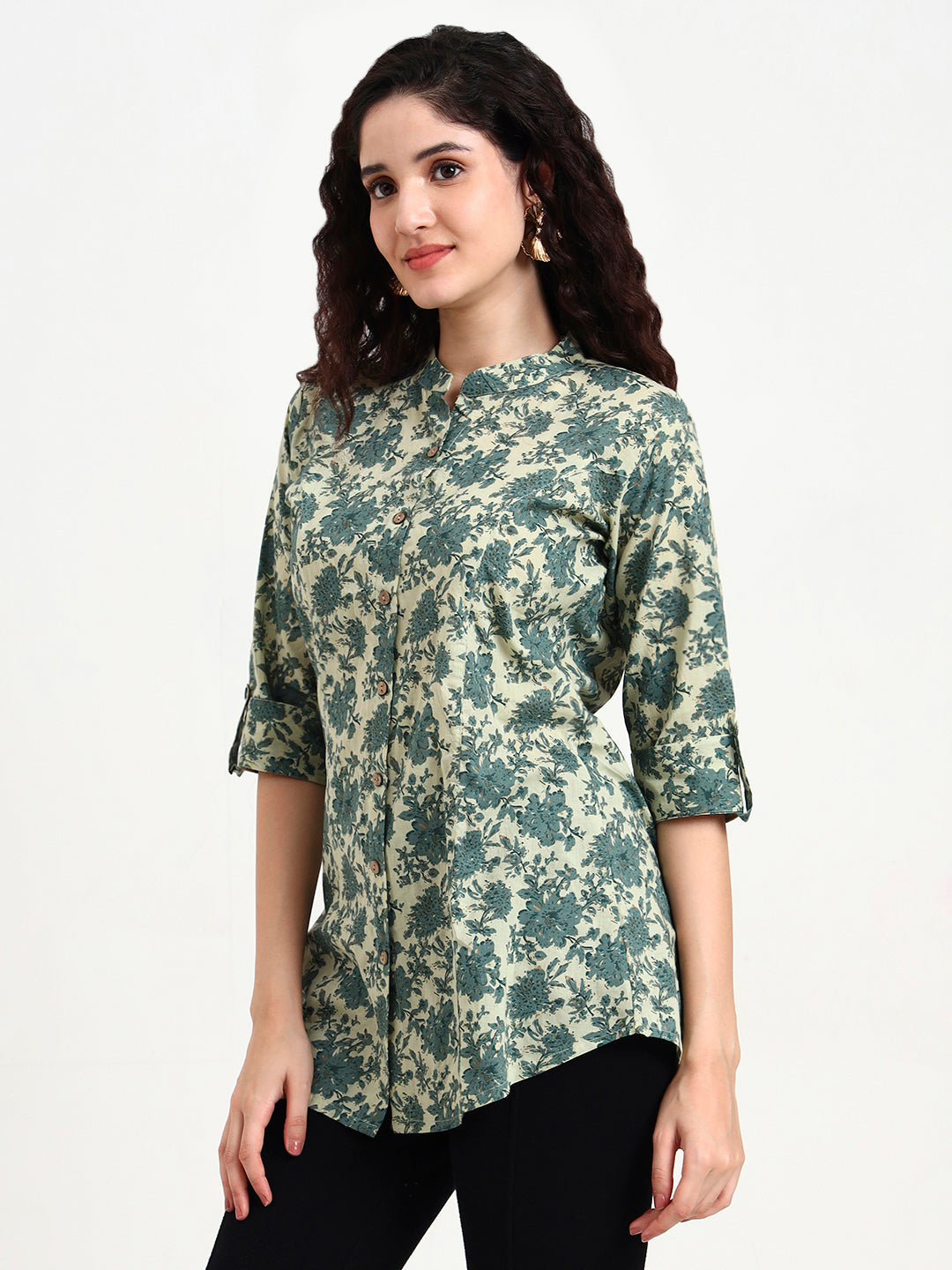 Noe Velarro Green Floral Print Cotton Top