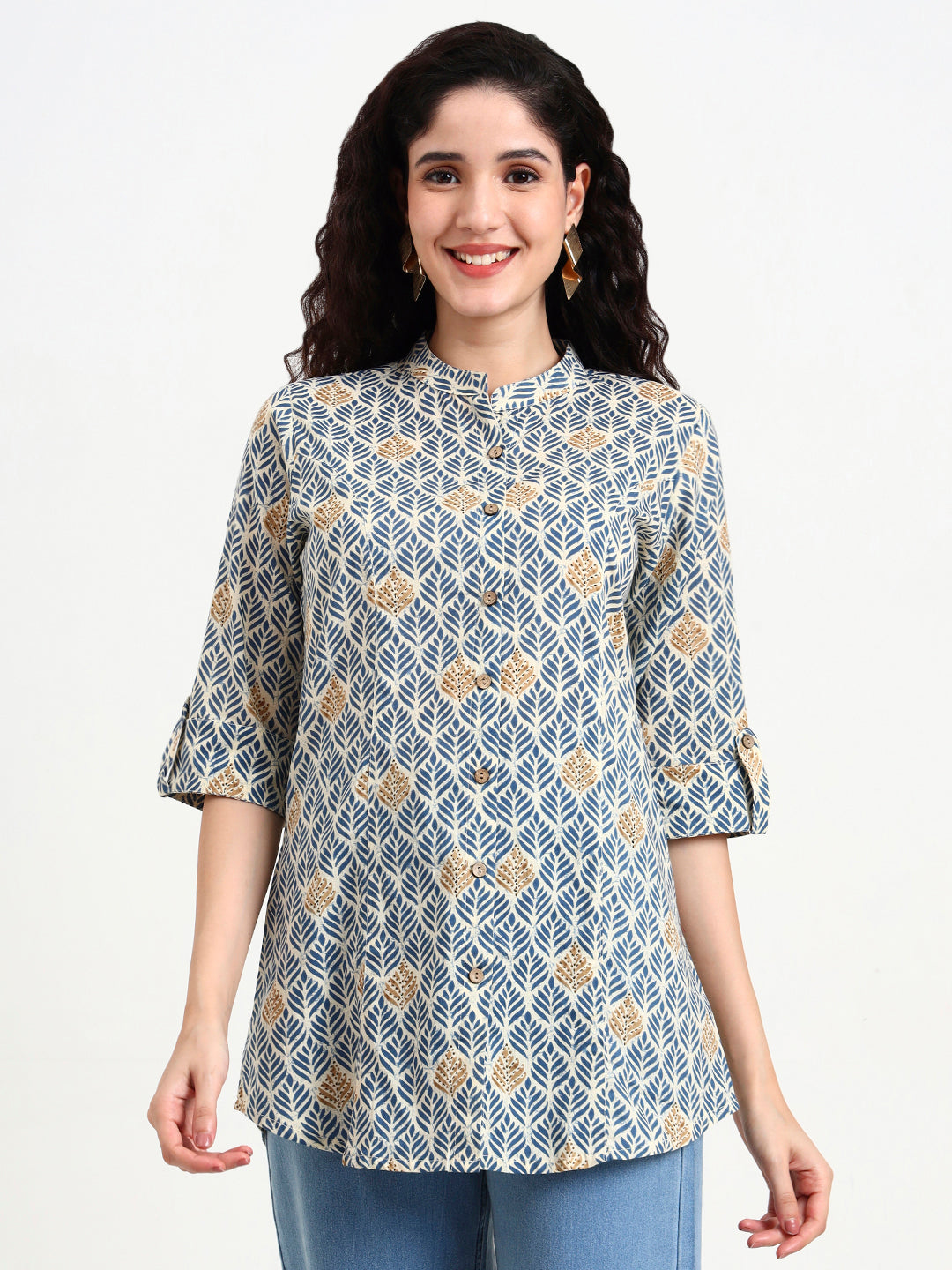Noe Velarro Blue Geometric Printed Cotton Top