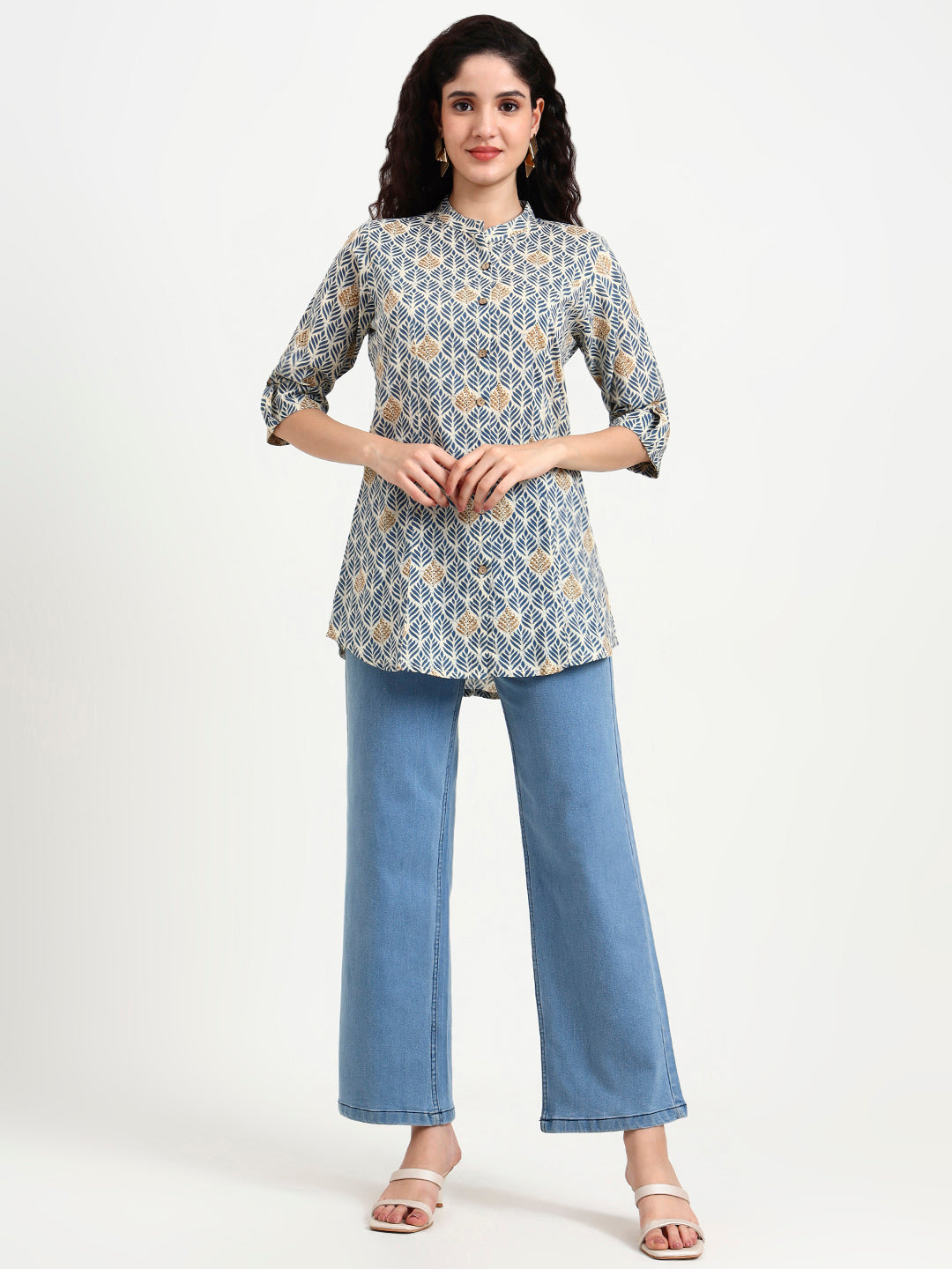 Noe Velarro Blue Geometric Printed Cotton Top