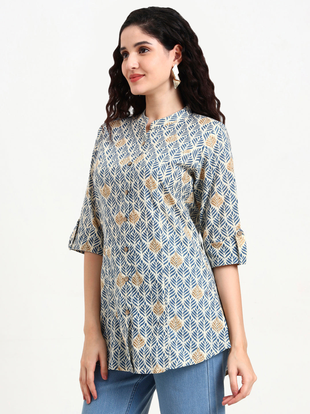 Noe Velarro Blue Geometric Printed Cotton Top