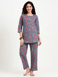 Noe Velarro Blue Floral Print Cotton Night Suit