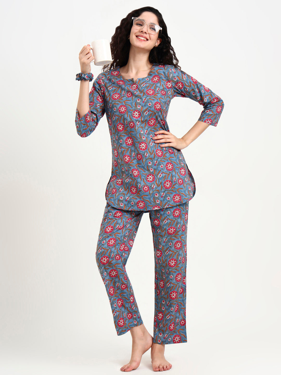 Noe Velarro Blue Floral Print Cotton Night Suit