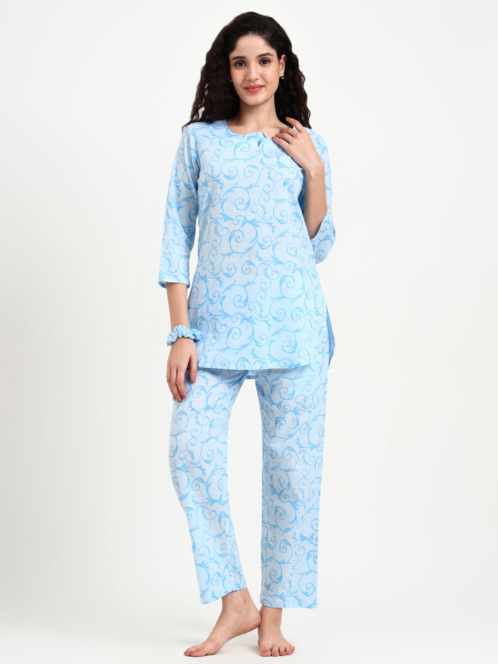 Noe Velarro Sky Blue Floral Print Cotton Night Suit