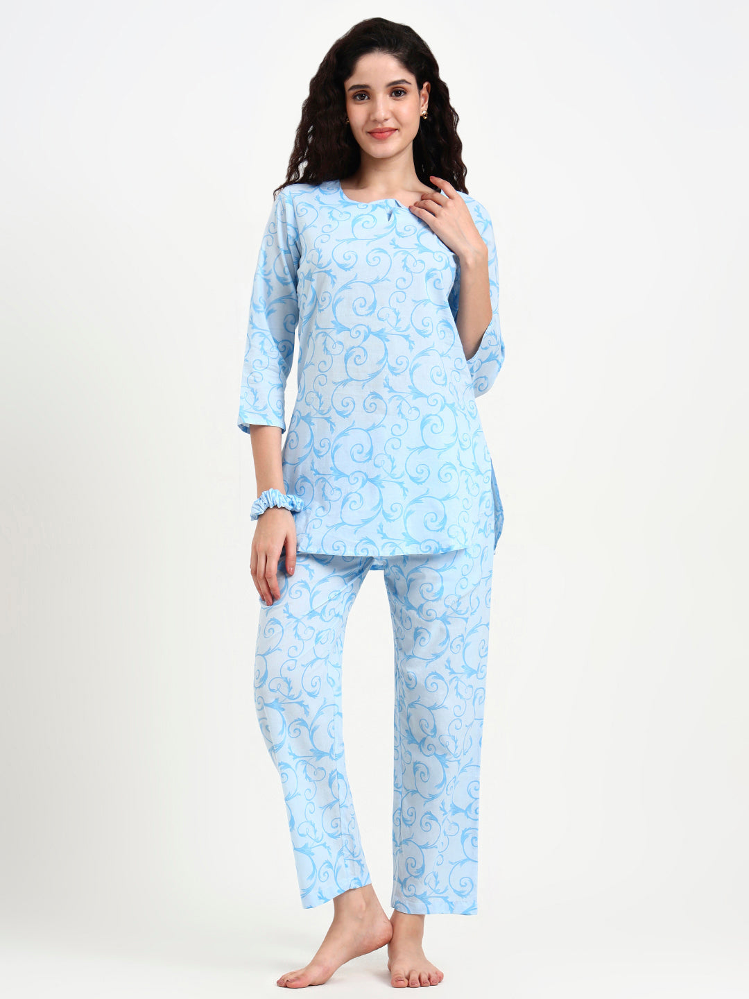 Noe Velarro Sky Blue Floral Print Cotton Night Suit