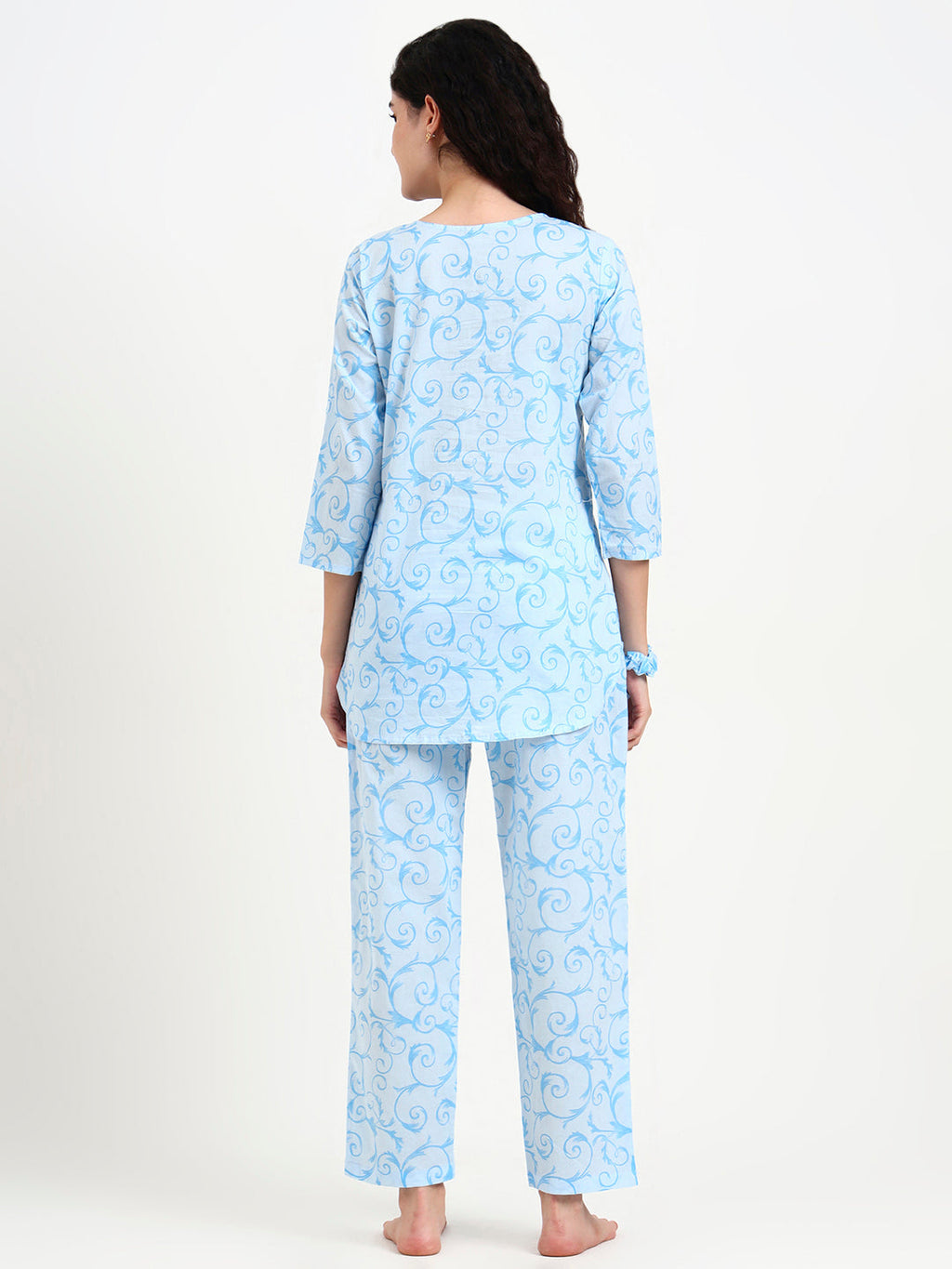 Noe Velarro Sky Blue Floral Print Cotton Night Suit