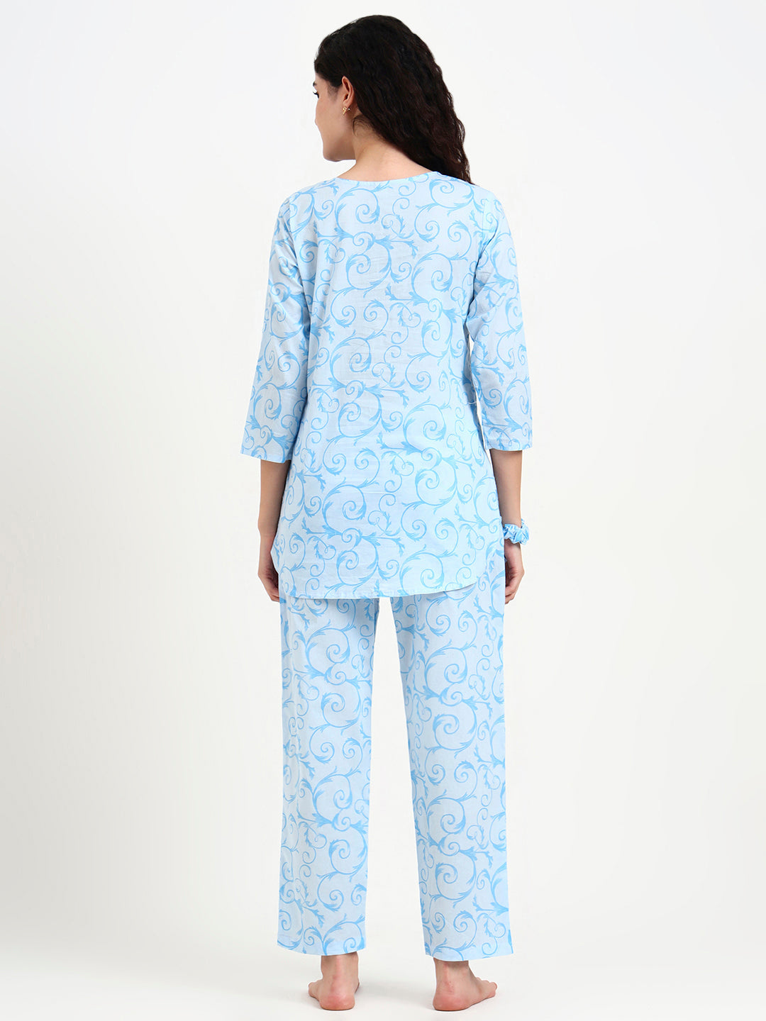 Noe Velarro Sky Blue Floral Print Cotton Night Suit