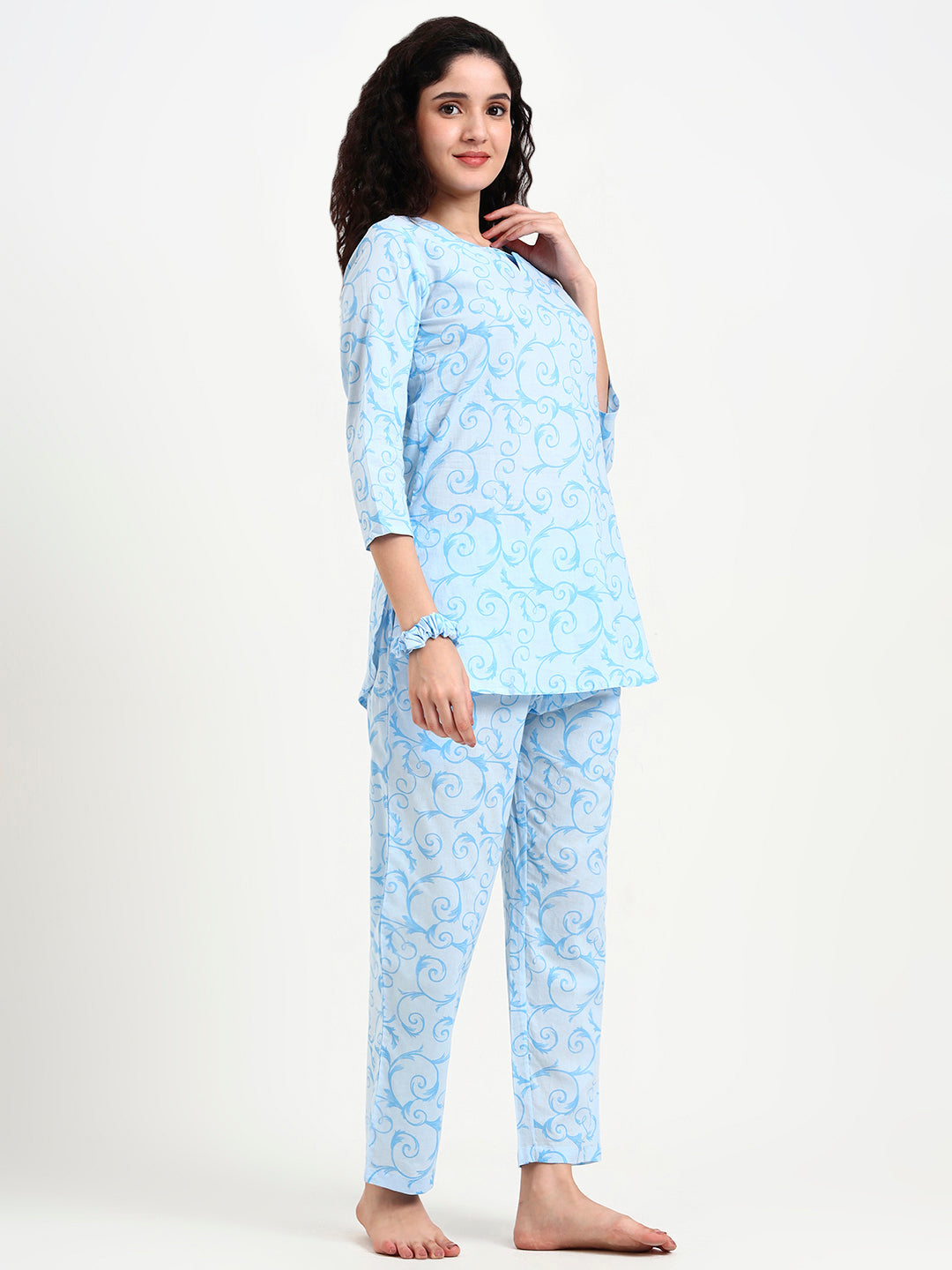 Noe Velarro Sky Blue Floral Print Cotton Night Suit