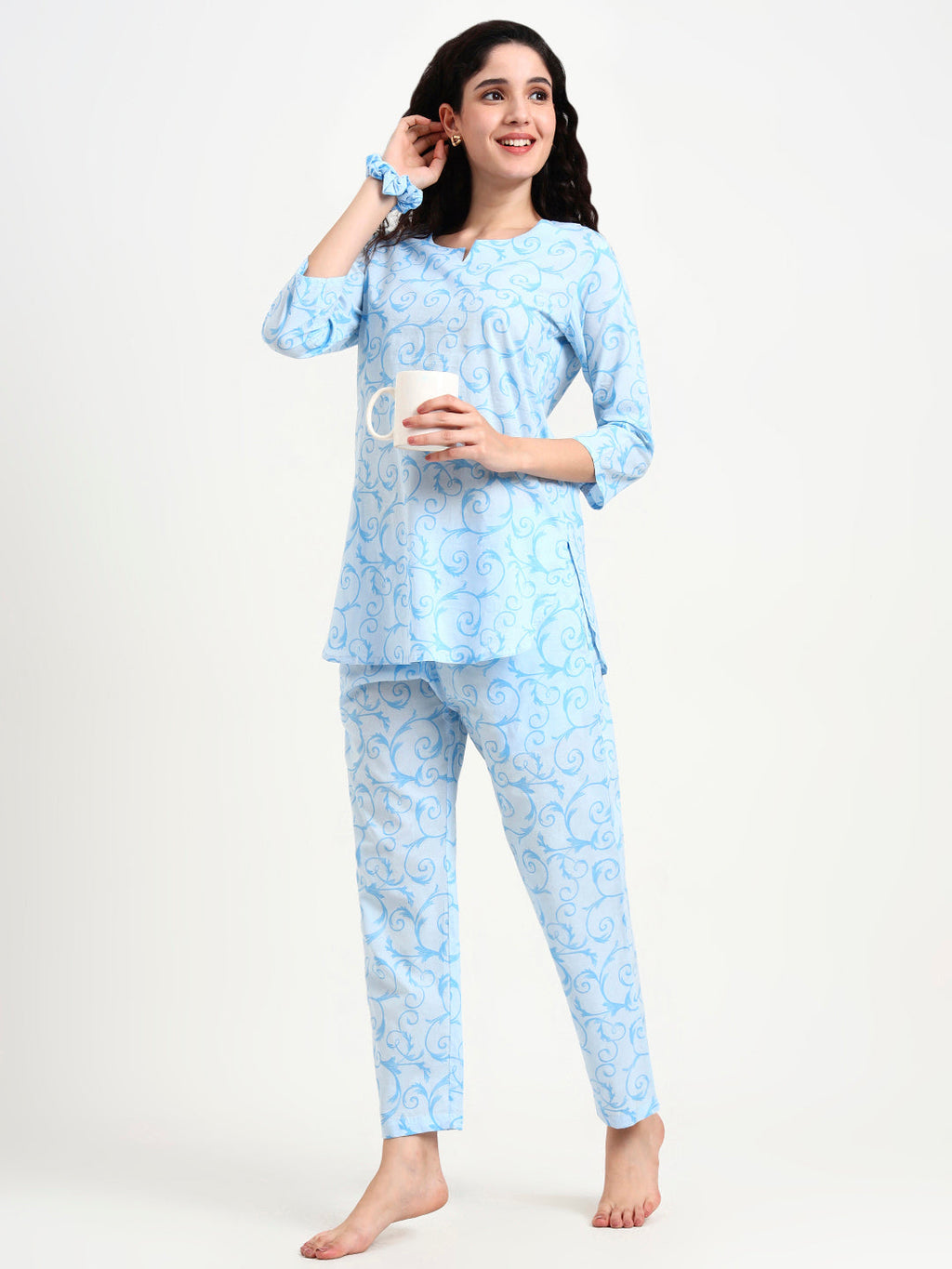 Noe Velarro Sky Blue Floral Print Cotton Night Suit