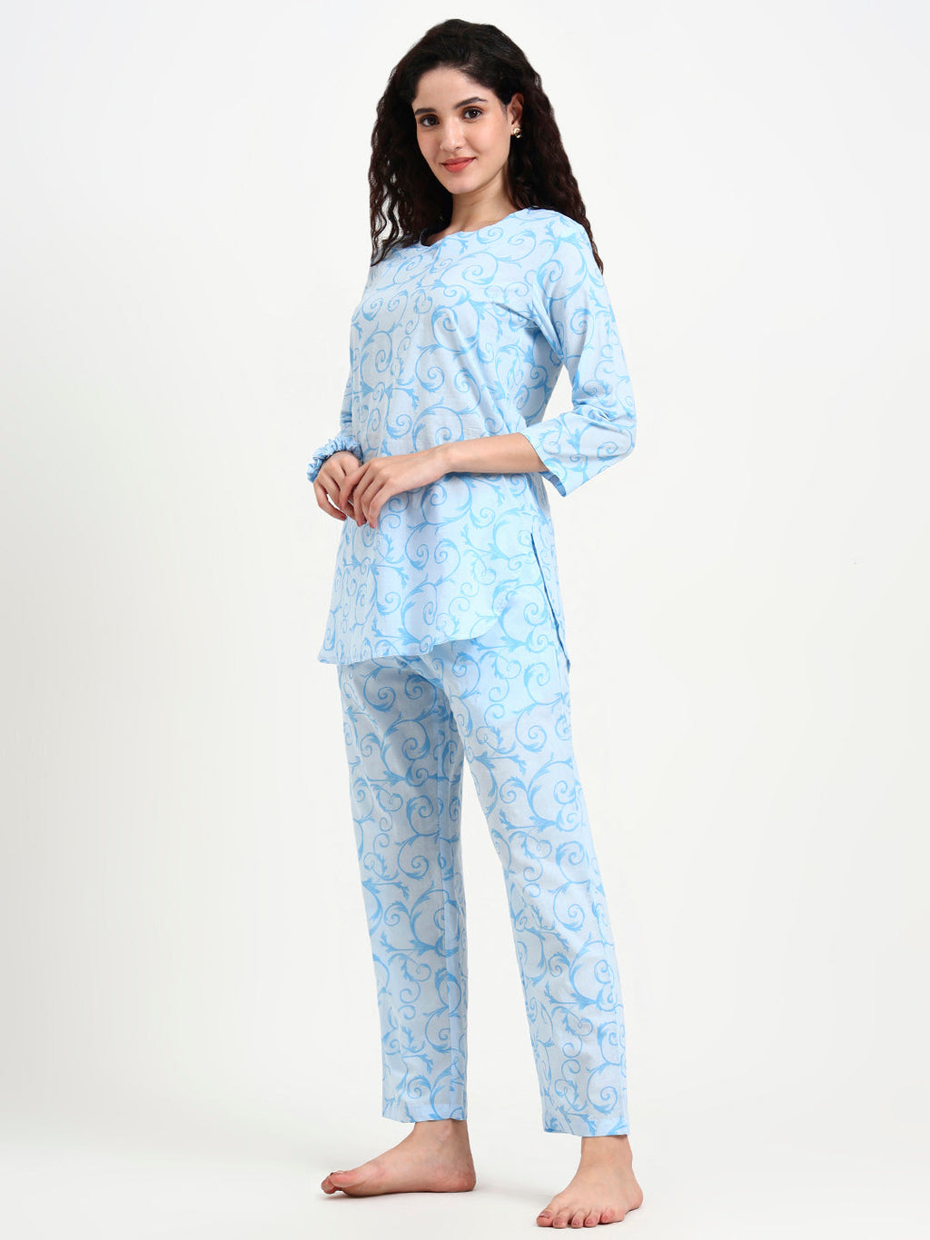 Noe Velarro Sky Blue Floral Print Cotton Night Suit