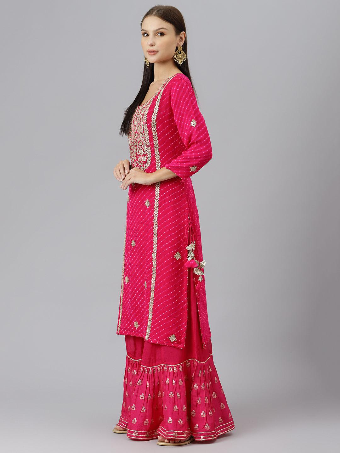 Divena Pure georgette Jaipuri Mothda Rani Pink Kurta Sharara Set with Dupatta - divenaworld.com