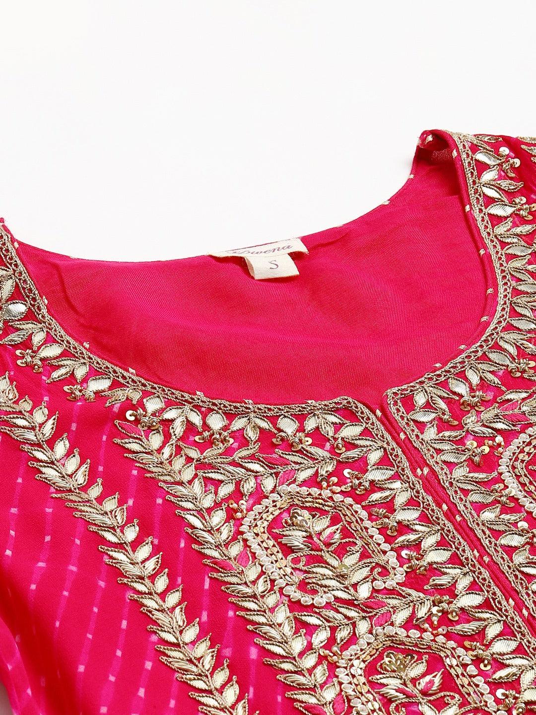 Divena Pure georgette Jaipuri Mothda Rani Pink Kurta Sharara Set with Dupatta - divenaworld.com