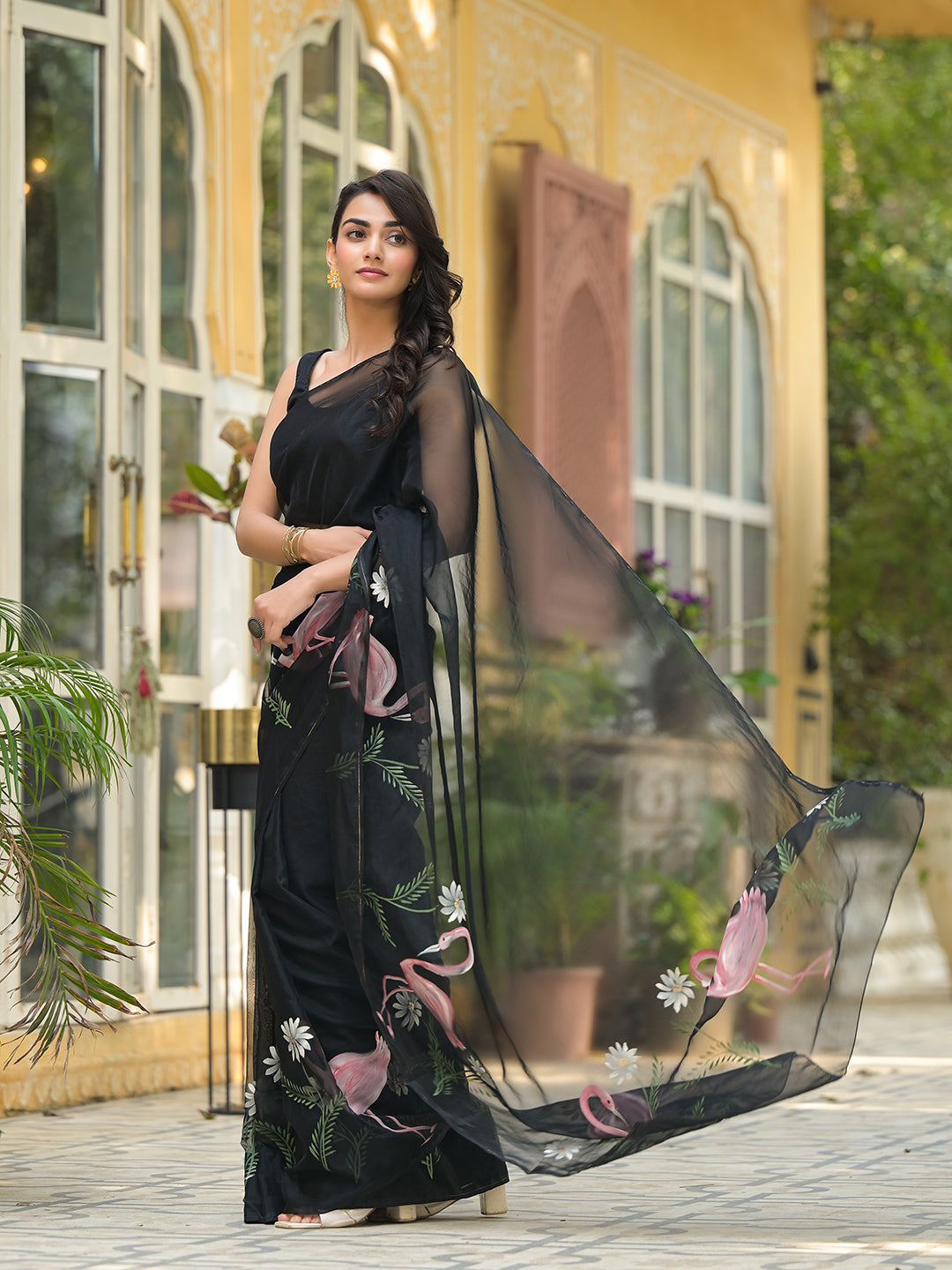 Noe Velarro Black Hand painted Organza Saree