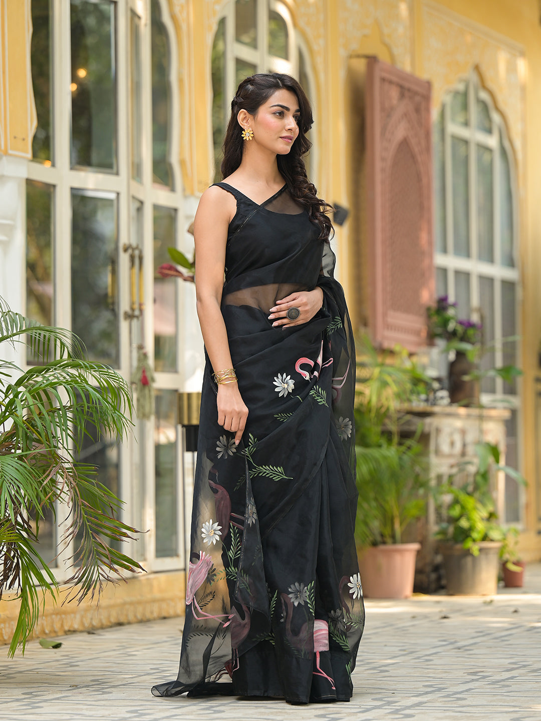 Noe Velarro Black Hand painted Organza Saree