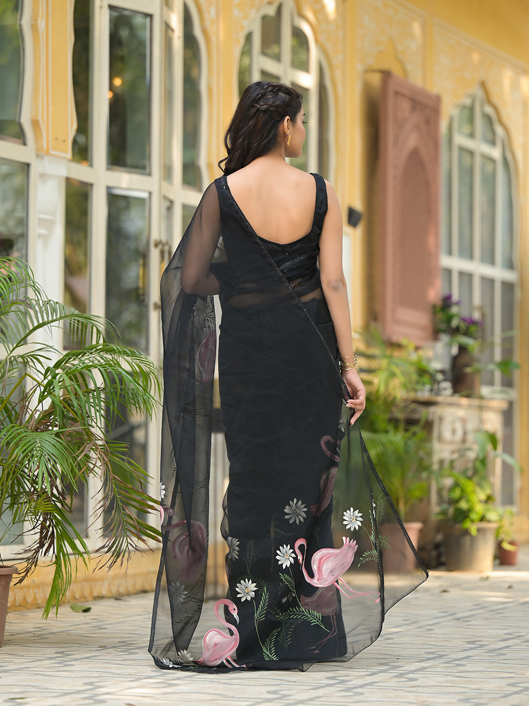Noe Velarro Black Hand painted Organza Saree