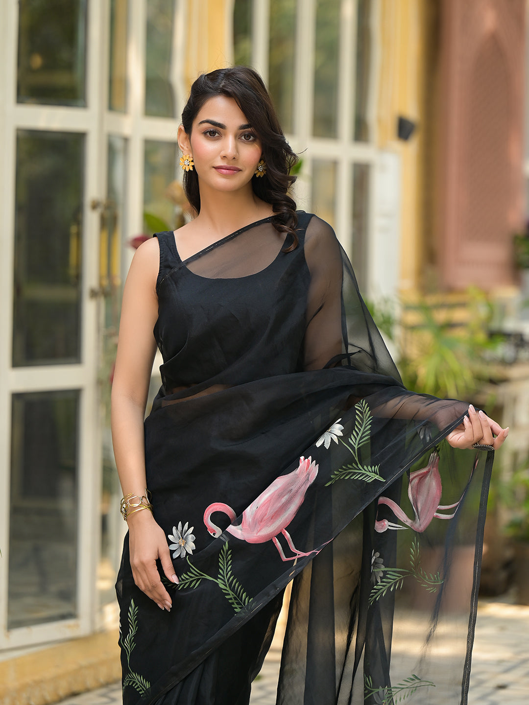 Noe Velarro Black Hand painted Organza Saree