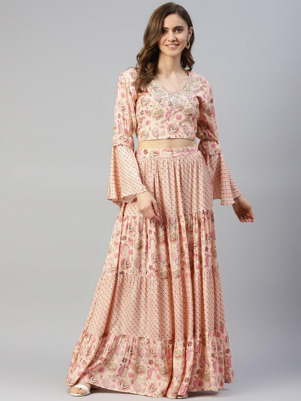Divena Peach Zardozi work Muslin top with Flared Skirt - divenaworld.com