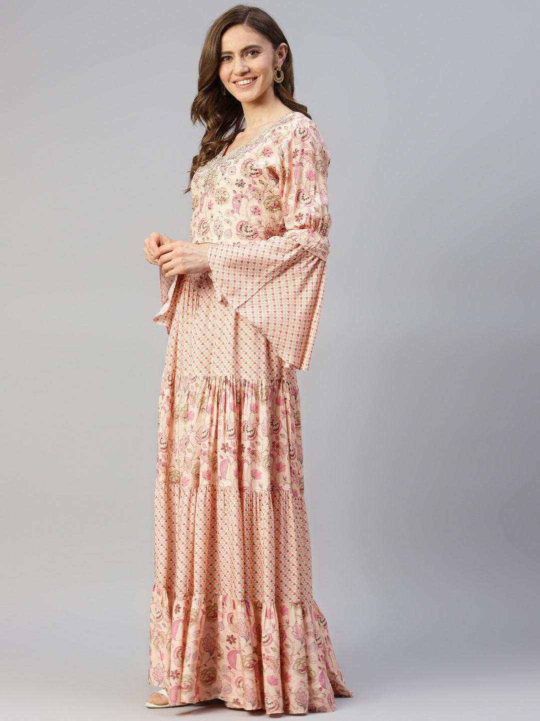 Divena Peach Zardozi work Muslin top with Flared Skirt - divenaworld.com