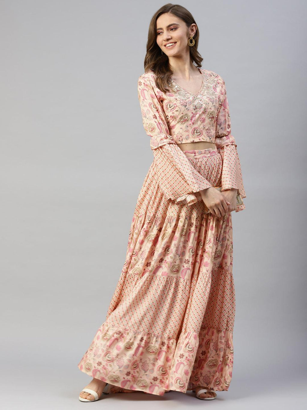 Divena Peach Zardozi work Muslin top with Flared Skirt - divenaworld.com
