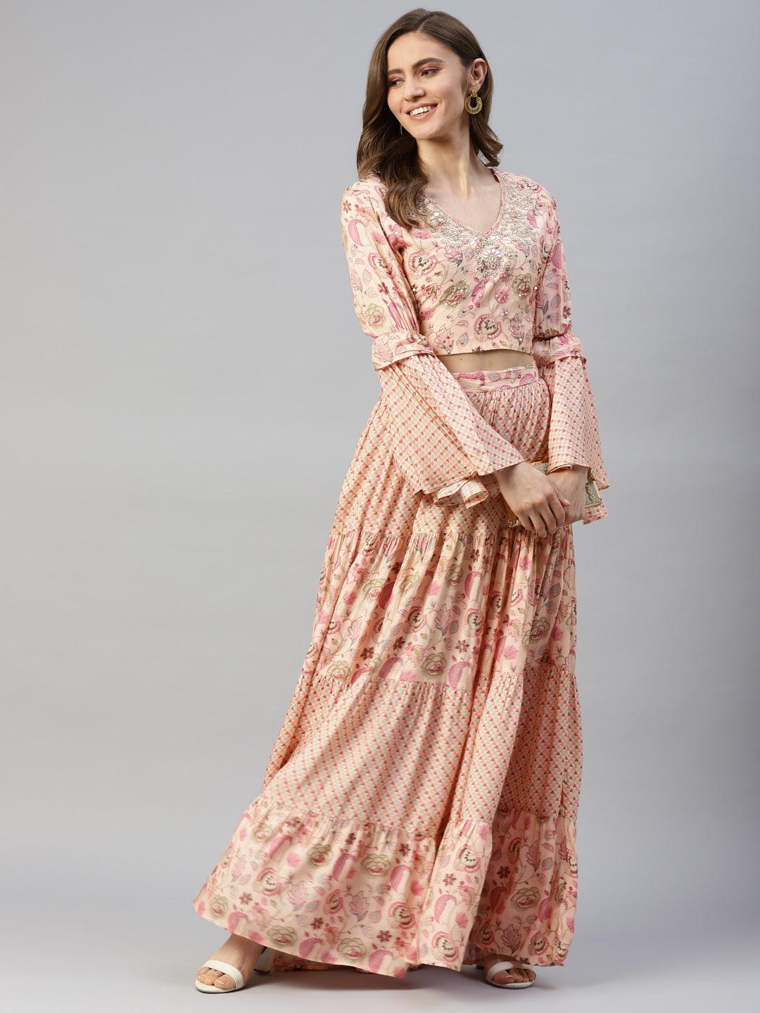 Divena Peach Zardozi work Muslin top with Flared Skirt - divenaworld.com