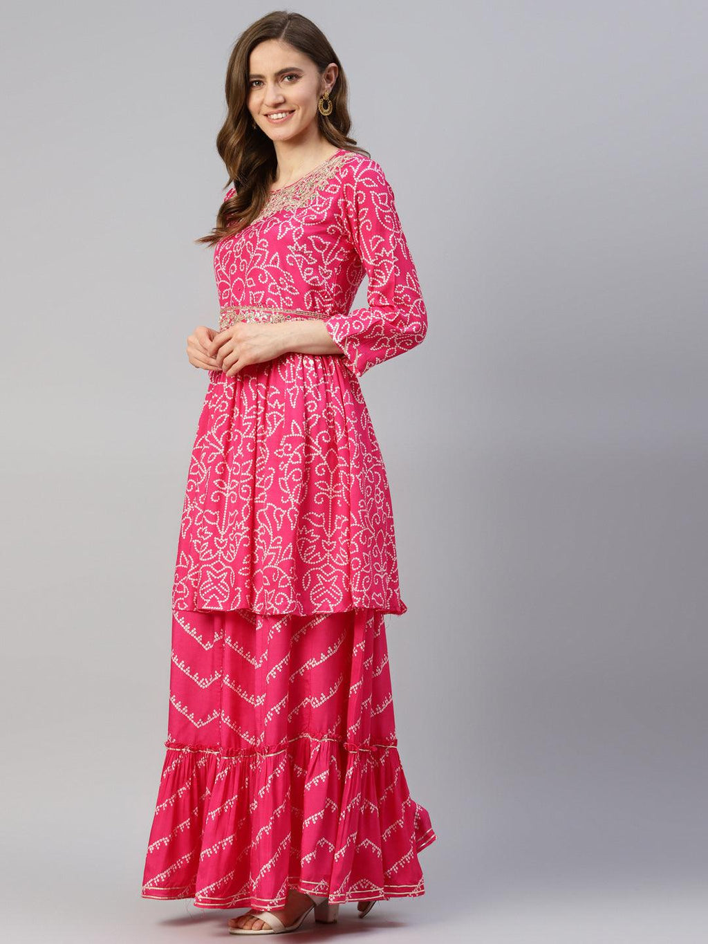 Divena Pink Muslin Bandhani Printed Embroidary Peplum Kurta Sharara Set with Dupatta - divenaworld.com