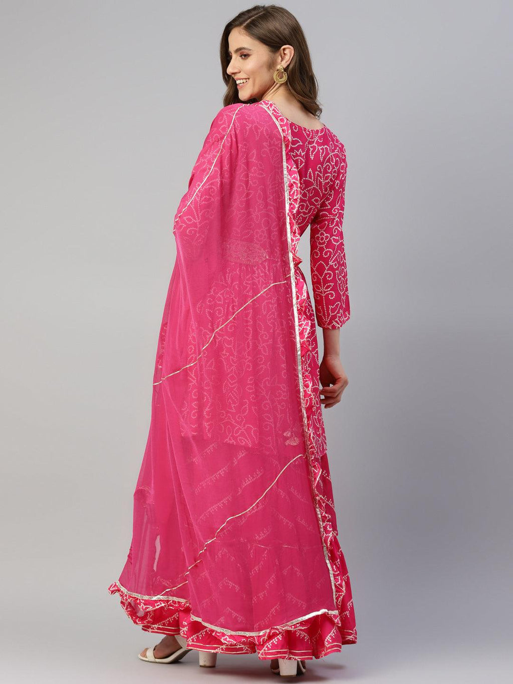 Divena Pink Muslin Bandhani Printed Embroidary Peplum Kurta Sharara Set with Dupatta - divenaworld.com