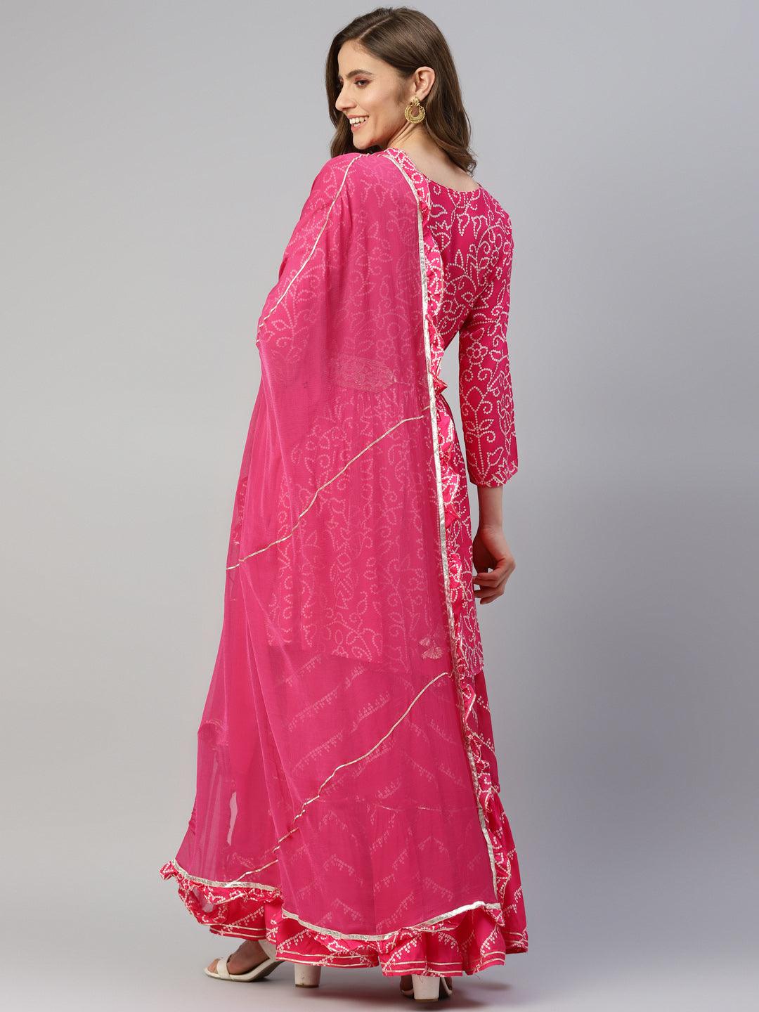 Divena Pink Muslin Bandhani Printed Embroidary Peplum Kurta Sharara Set with Dupatta - divenaworld.com