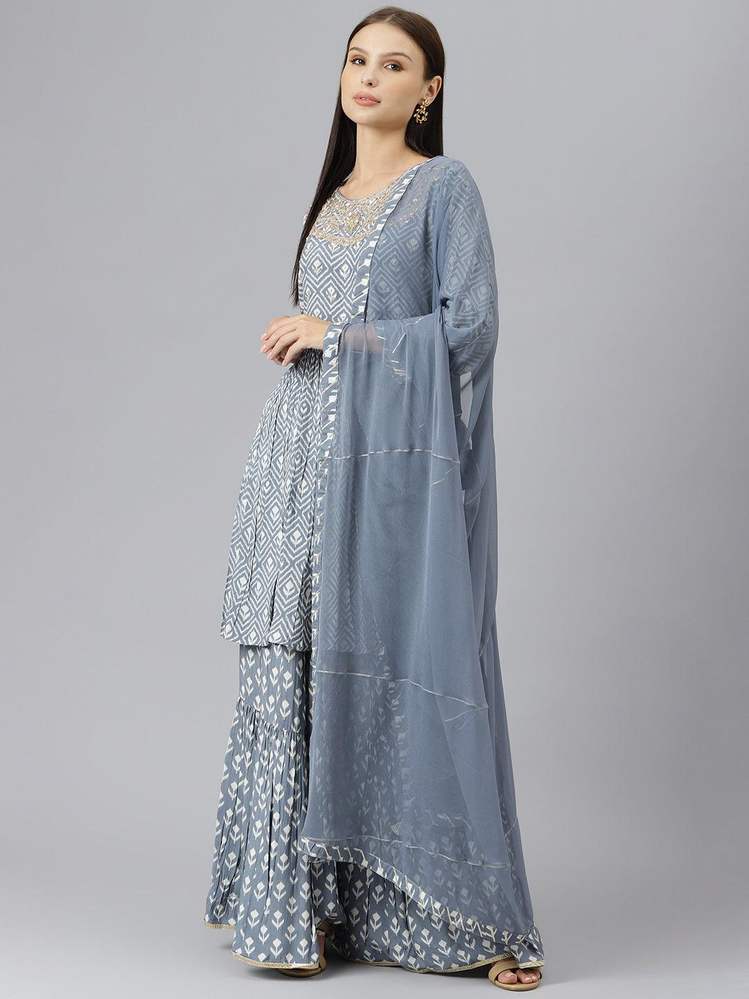 Divena Grey Muslin Embroidary Peplum Kurta Sharara Set with Dupatta - divenaworld.com