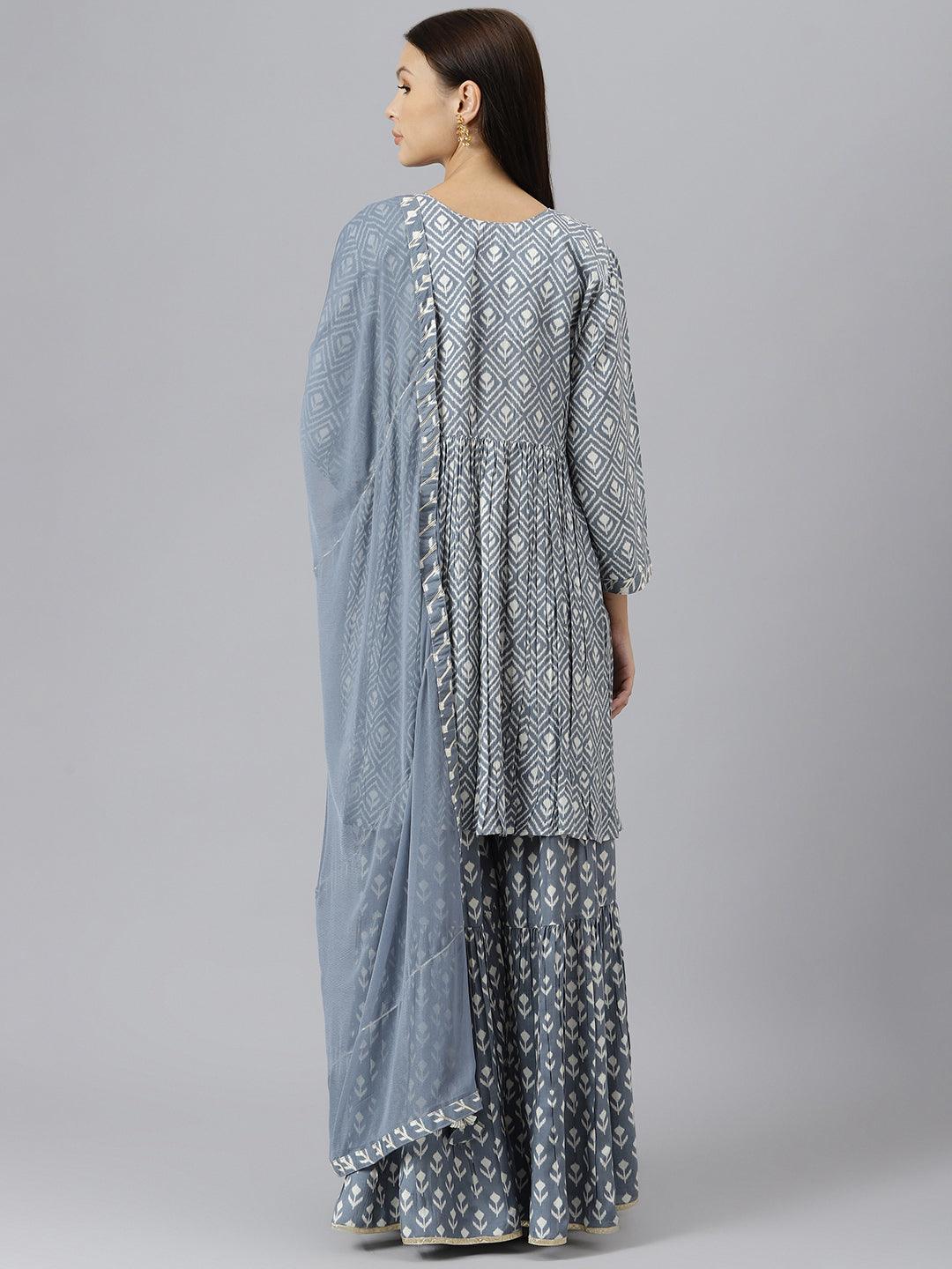 Divena Grey Muslin Embroidary Peplum Kurta Sharara Set with Dupatta - divenaworld.com