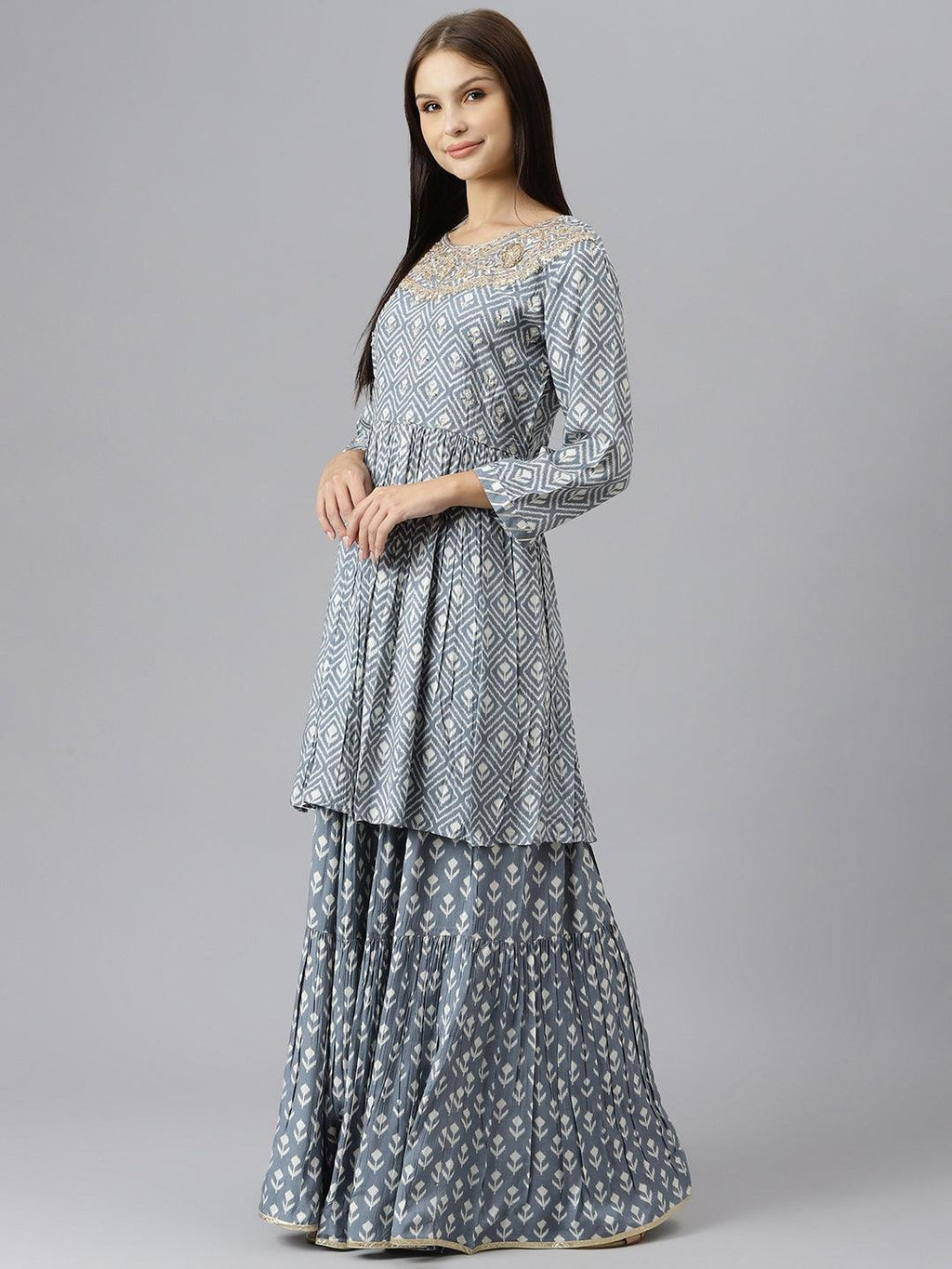 Divena Grey Muslin Embroidary Peplum Kurta Sharara Set with Dupatta - divenaworld.com