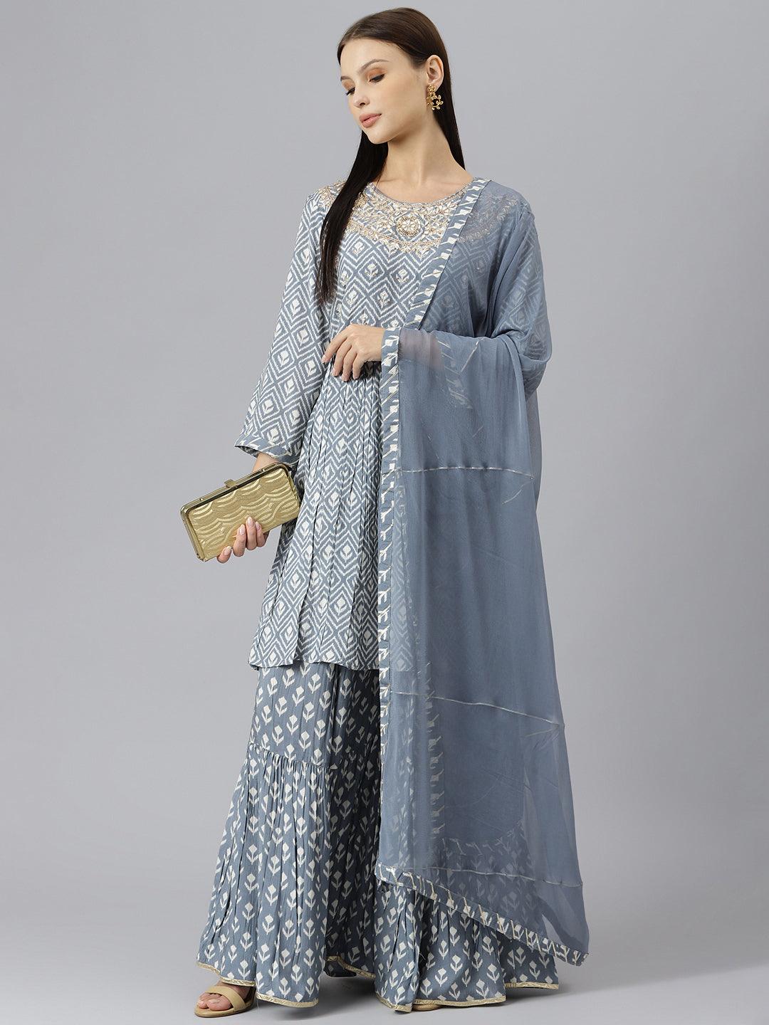Divena Grey Muslin Embroidary Peplum Kurta Sharara Set with Dupatta - divenaworld.com