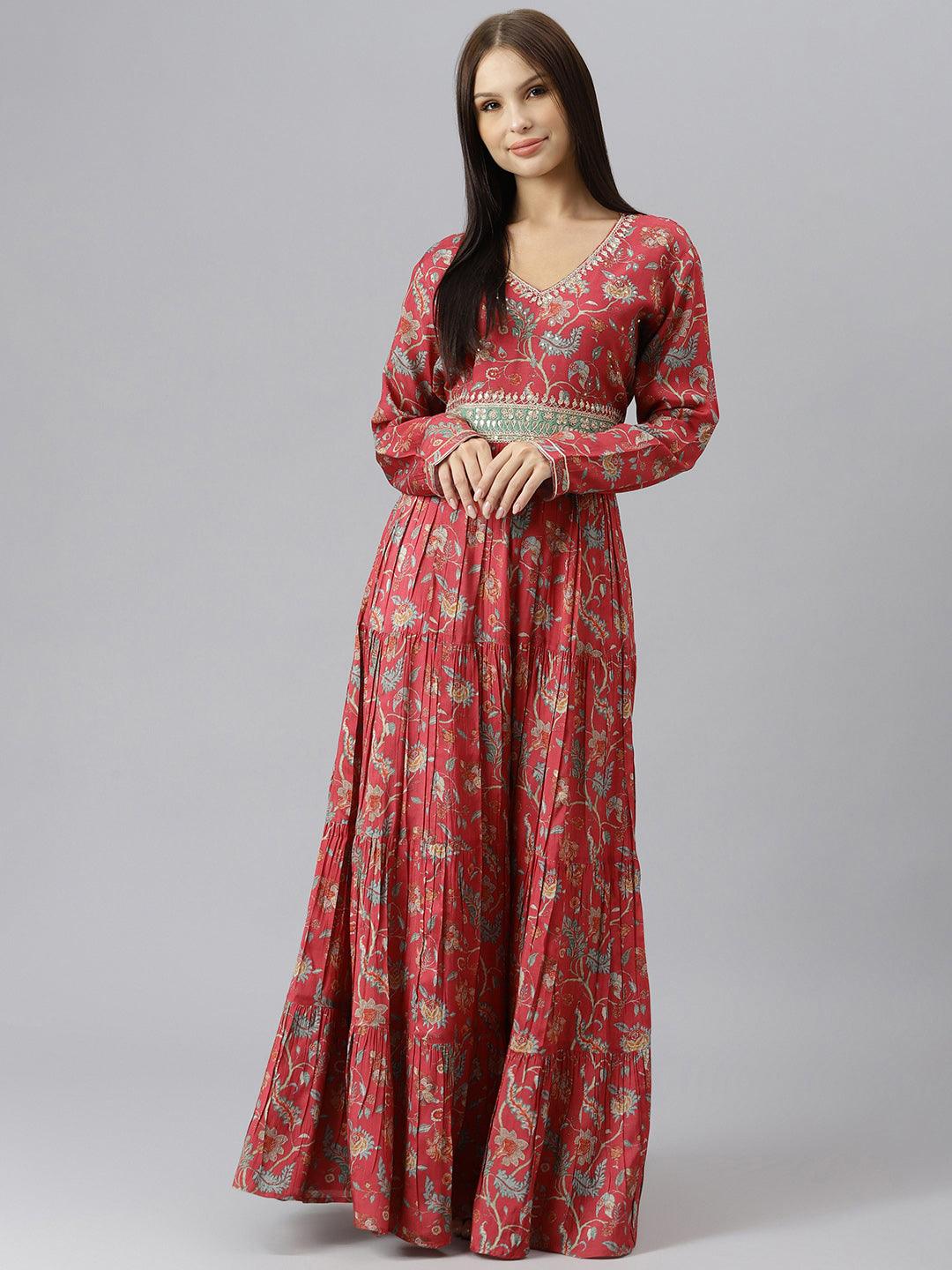 Divena Maroon Floral Printed Muslin Flared Gown - divenaworld.com