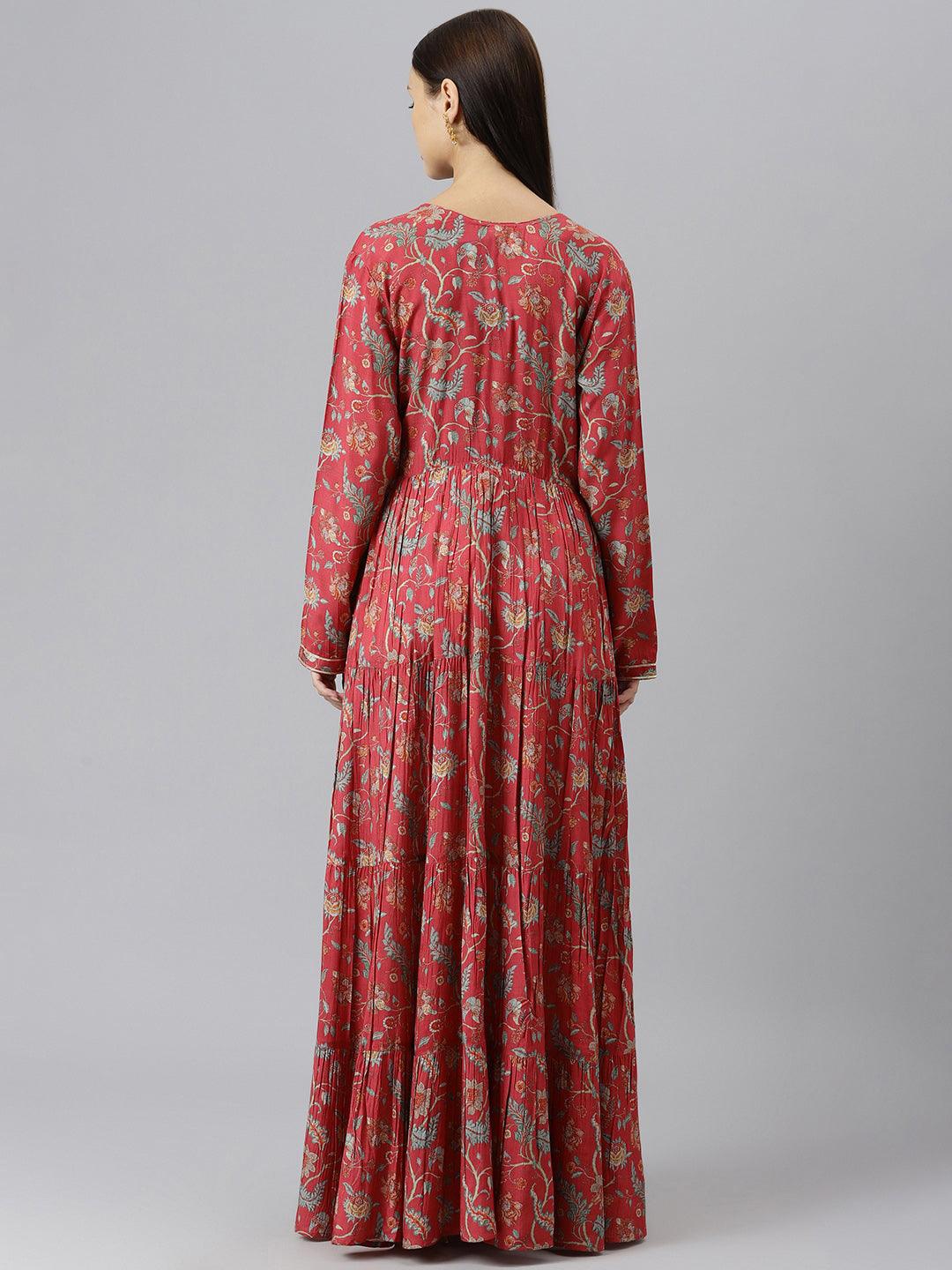 Divena Maroon Floral Printed Muslin Flared Gown - divenaworld.com