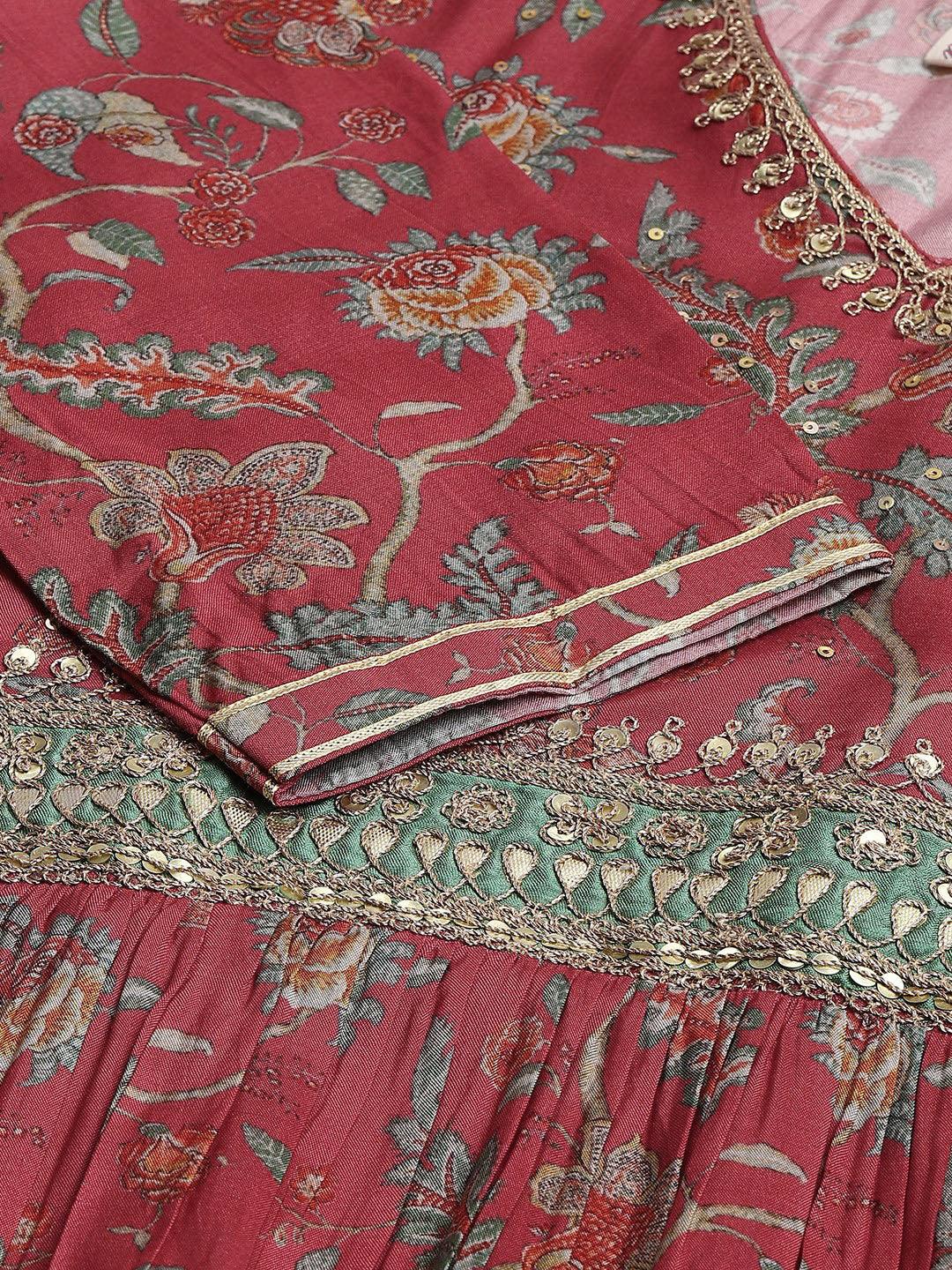 Divena Maroon Floral Printed Muslin Flared Gown - divenaworld.com