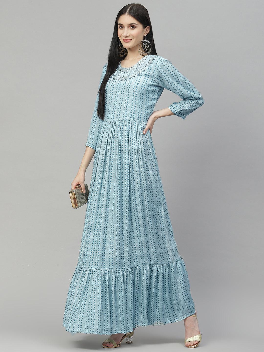 Divena Blue Muslin Flared Gown - divenaworld.com