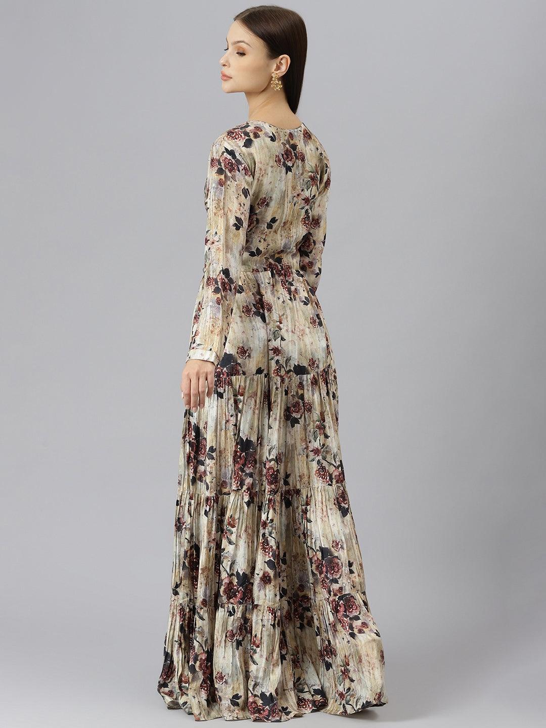 Divena Cream Floral Printed Muslin Flared Gown - divenaworld.com