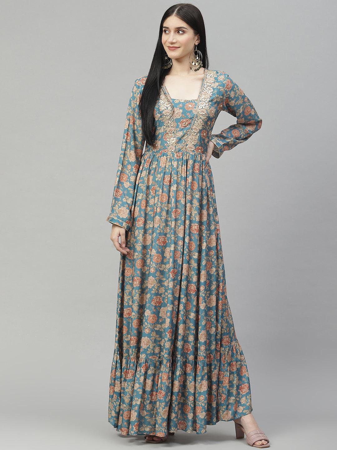 Divena green  Floral Printed Muslin Flared Gown - divenaworld.com