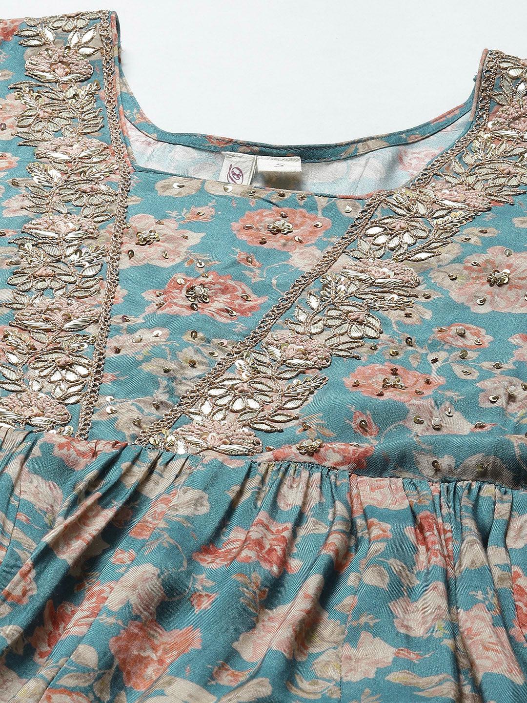 Divena green  Floral Printed Muslin Flared Gown - divenaworld.com